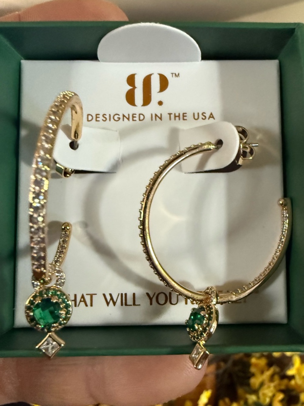 Bomb Party May 2026 Birthday earrings The Monroe Hoops NWT emerald & gold